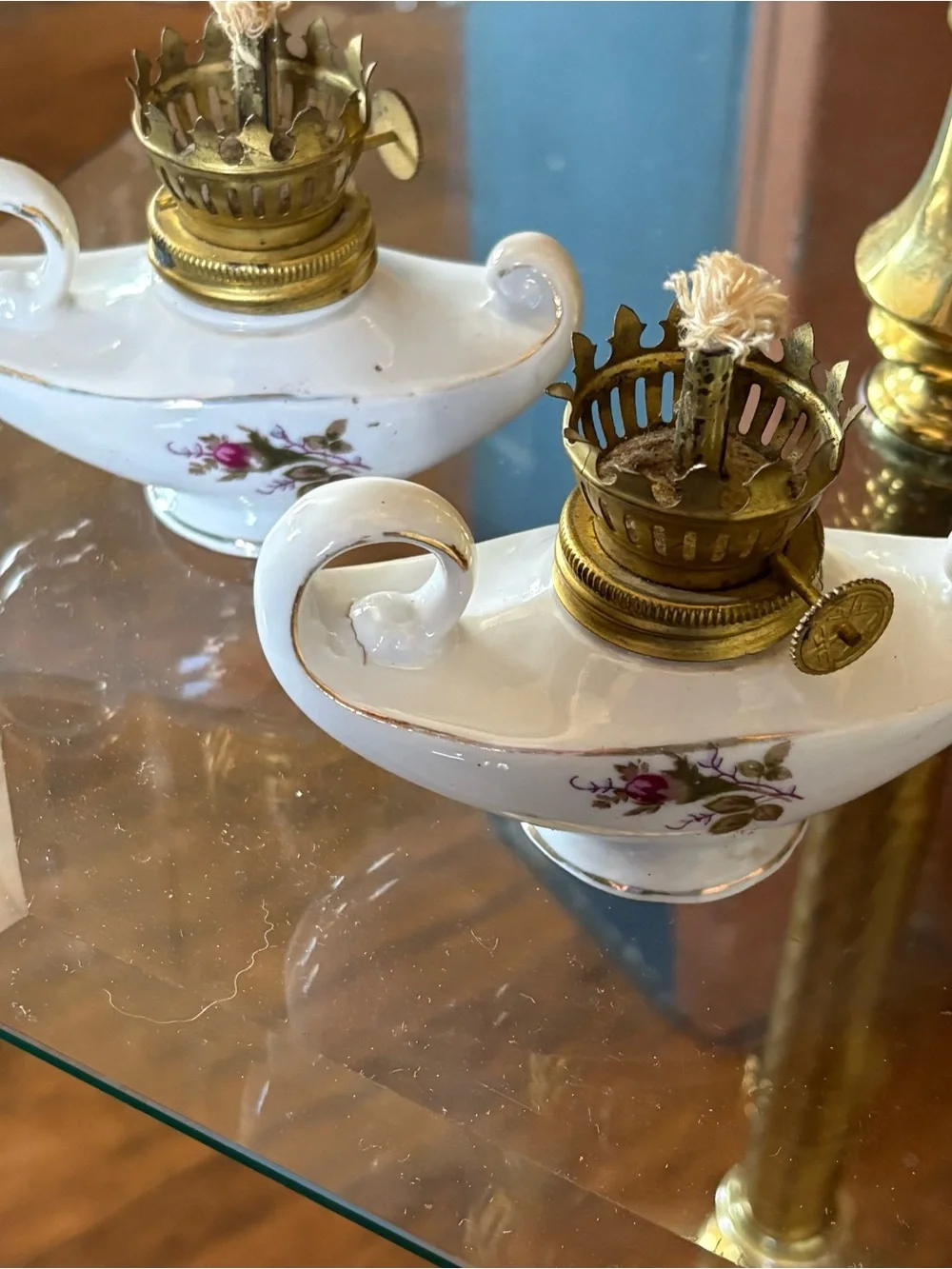 2 Vintage genie porcelain oil lamps mini novelty floral print made in Japan